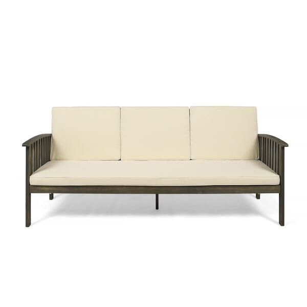 Carolina Outdoor Acacia Wood Sofa with Cushions by Christopher Knight Home - gray finish, cream c... | Bed Bath & Beyond