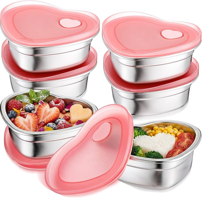 Acellegic 6 Pcs Valentines Heart Shaped Snack Containers 304 Stainless Steel 12 oz Food Storage C... | Amazon (US)