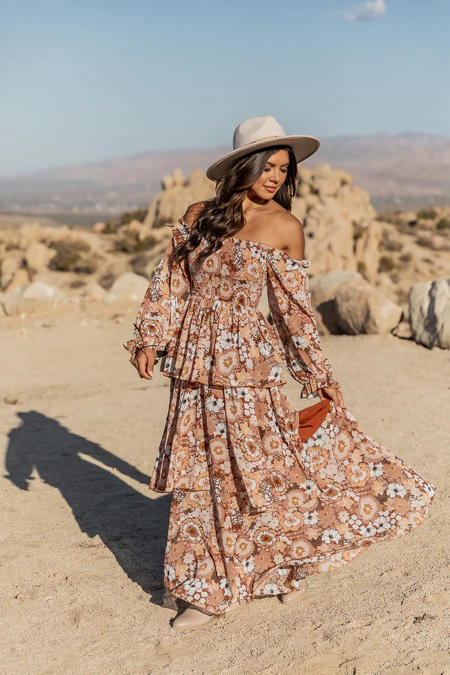 Porch Swing Kisses Brown Smocked Bust Floral Maxi Dress | Pink Lily