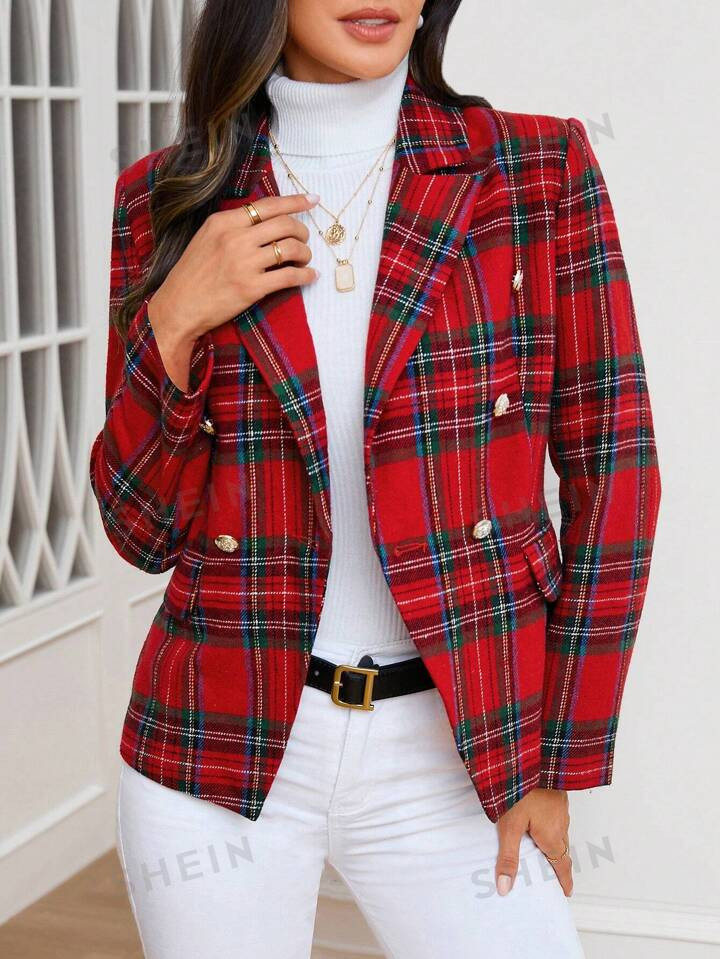 SHEIN Clasi Tartan Print Double Breasted Blazer | SHEIN