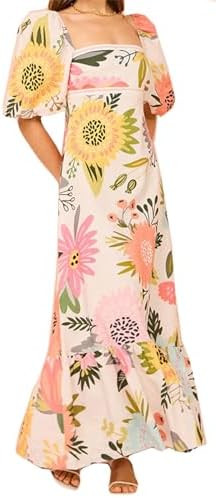 Qikaka Women's Square Neck Short Puff Sleeve Printed Bodycon Sexy Nightclub Party Holiday Dress | Amazon (US)