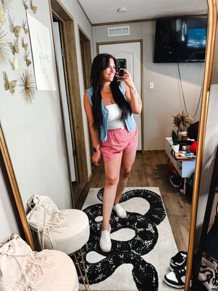 Boxer shorts trend is one I can fully get behind! 

Sizing: 
XL in shorts but could be a L. 
Top - XL (holds the girls in) 
Vest - XL and runs true to size (can button) 
Shoes - size 8 

Trendy 
Trends
Summer outfit 
Fourth of July outfit 

#LTKFindsUnder50 #LTKMidsize #LTKStyleTip