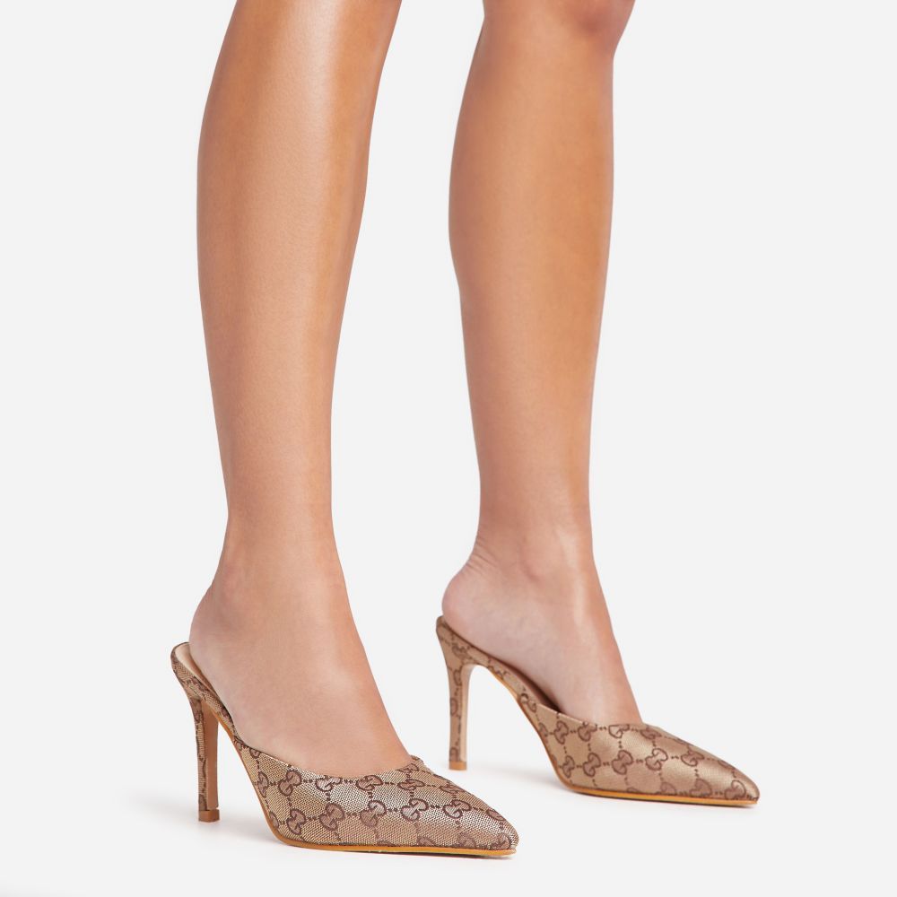 Pilar Printed Detail Pointed Toe Heel Mule In Brown Fabric | Ego Shoes (UK)