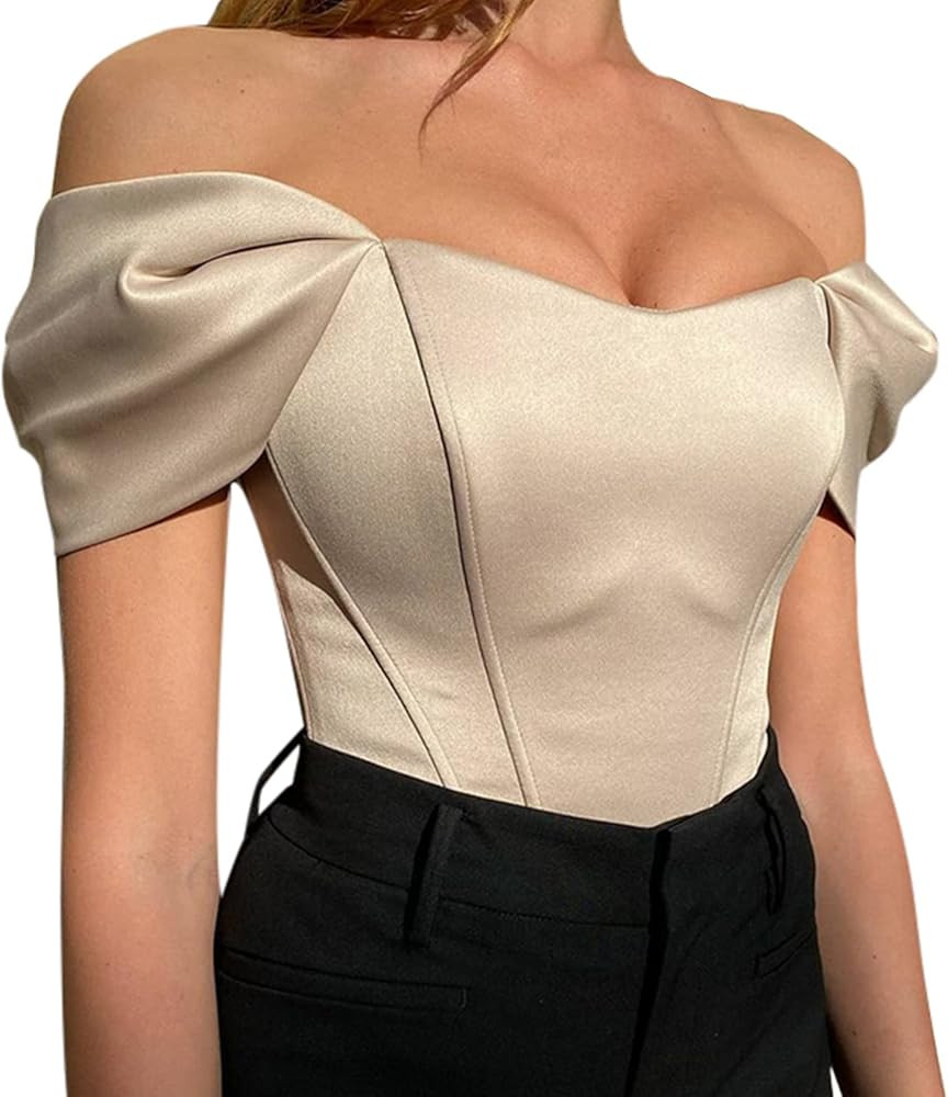 FEOYA Women's Off Shoulder Boned Corset Top Vintage Bustier Mesh Short Sleeve Slim Fit Crop Top P... | Amazon (US)