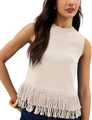 SCUSTY Women's Sleeveless Fringed Hem Knit Vest Summer Lightweight Crewneck Tank Tops | Amazon (US)