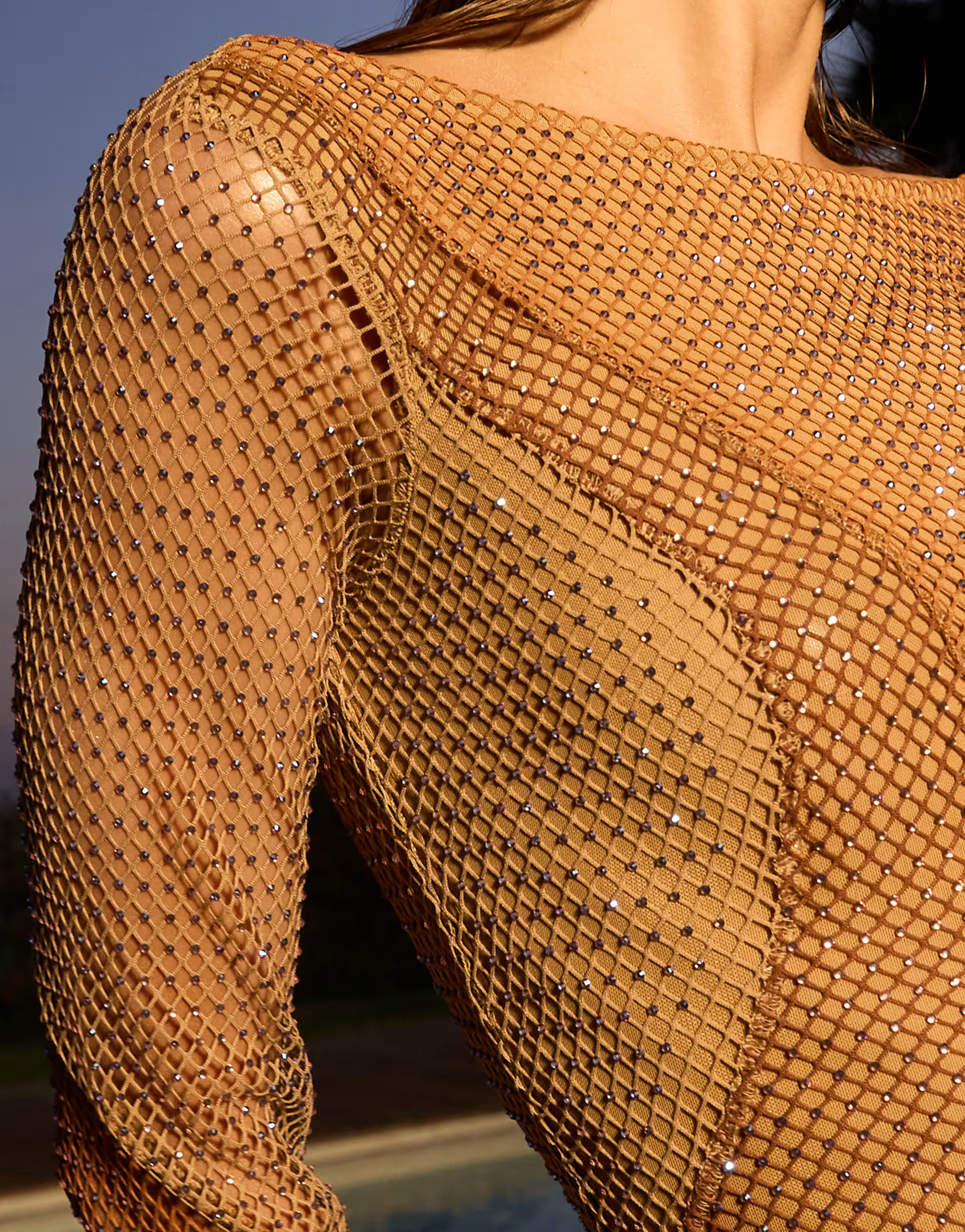 ASOS DESIGN fishnet hotfix long sleeve maxi dress with spliced embellished pattern in bronze | ASOS (Global)