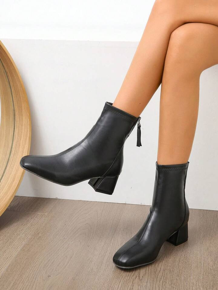 2023 Fall/Winter Chunky Heel Short Boots For Women, Vintage British Style Square Toe Elastic Fash... | SHEIN