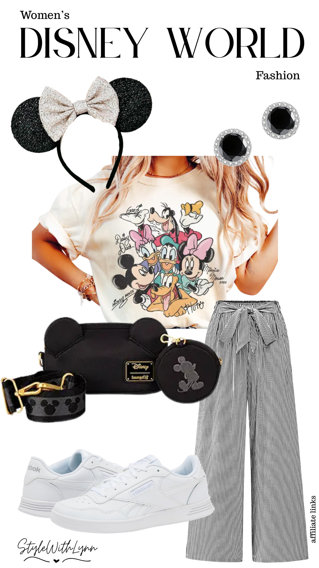 This Mickey and Friends tee brings all the nostalgic vibes while still feeling cute and elevated. I paired it with black-and-white striped wide leg pants for a polished look, comfy white Reebok sneakers for miles of park walking, and topped it off with sparkly Minnie ears and a Mickey crossbody bag (because hands-free is a must). Fun, functional, and full of Disney magic. 🎢🐭

Perfect for Magic Kingdom days, character photos, or when you want a playful Disney outfit that still feels put-together.


women’s Disney World outfit, fun Disney outfit for women, Mickey and Friends outfit, Disney graphic tee styling, Magic Kingdom outfit ideas, Disney park outfit women, comfortable Disney walking outfit, Minnie Mouse ears look, Disney crossbody bag outfit, neutral Disney outfit, chic Disney style, Disney vacation outfit for women 

 #LTKootd #LTKTravel