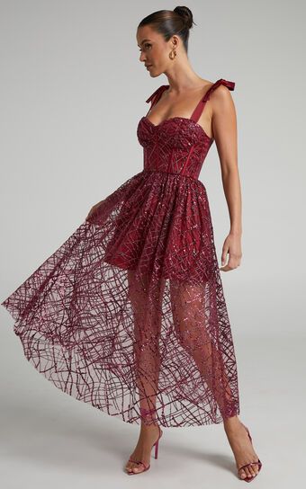 Rimea Midi Dress - Tie Shoulder Bustier Bodice Glitter Tulle Dress in Berry | Showpo (US, UK & Europe)