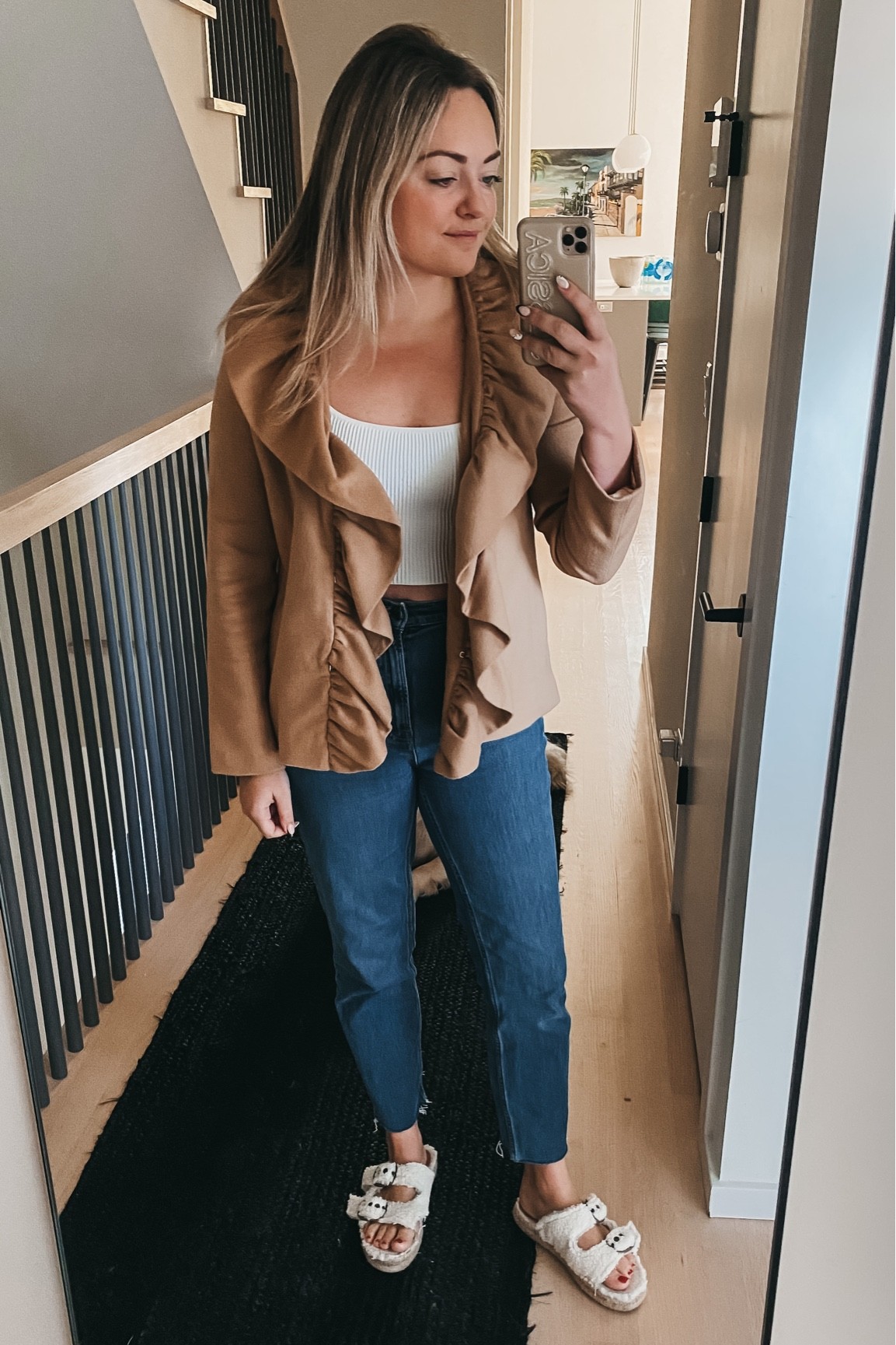 Casual Friday outfit for work from home! Camel blazer. Ribbed, cropped tank. Straight leg jeans. 

#LTKstyletip #LTKworkwear #LTKSeasonal