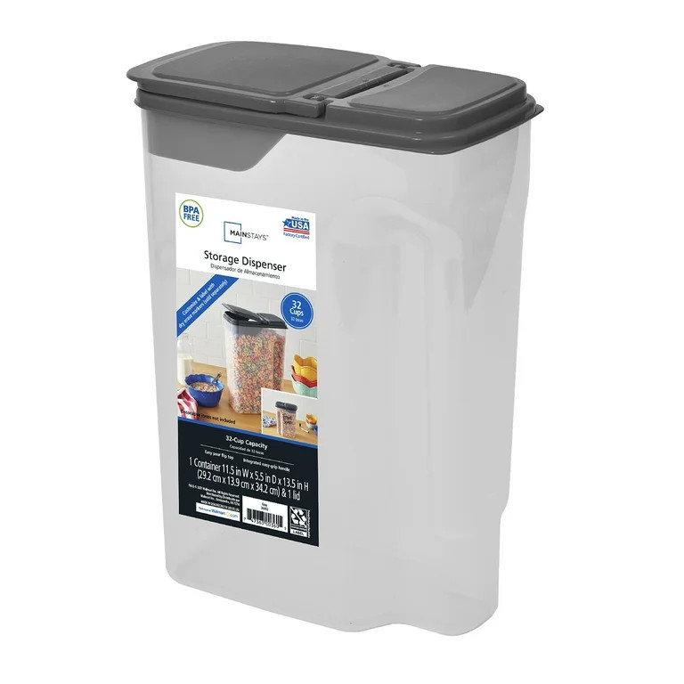 Mainstays Large Cereal Dispenser, Clear Plastic with Dark Gray Lid, 32 Cups, 9.75" x 5.38" x 13.5... | Walmart (US)