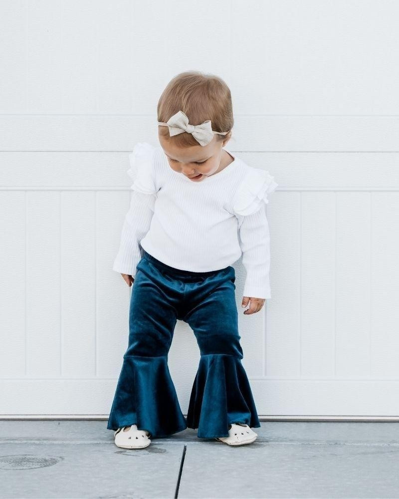 Lina Pleated Velour Bell Bottoms - Navy | Bailey's Blossoms