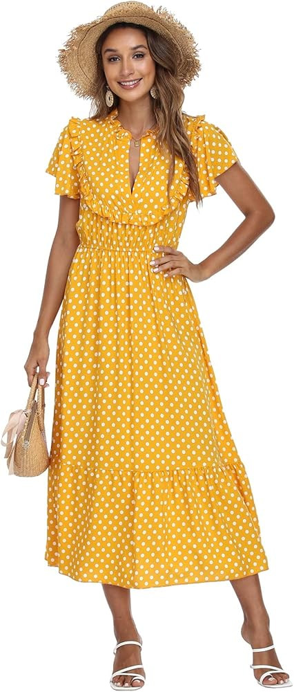 Women's Polka Dots Short Sleeve V Neck Dresses Vintage Boho Maxi Summer Dress with Stretchy Waist | Amazon (US)