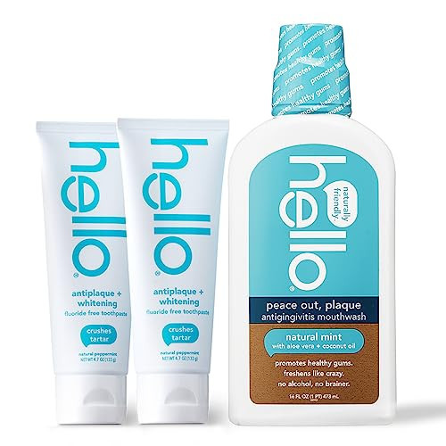 Hello Antiplaque and Whitening Fluoride Free Toothpaste and Naturally Healthy Antigingivitis Mouthwash, Alcohol Free, Vegan, SLS Free and Gluten Free, 4.7 Ounce Tubes, 16 Ounce Bottle | Amazon (US)