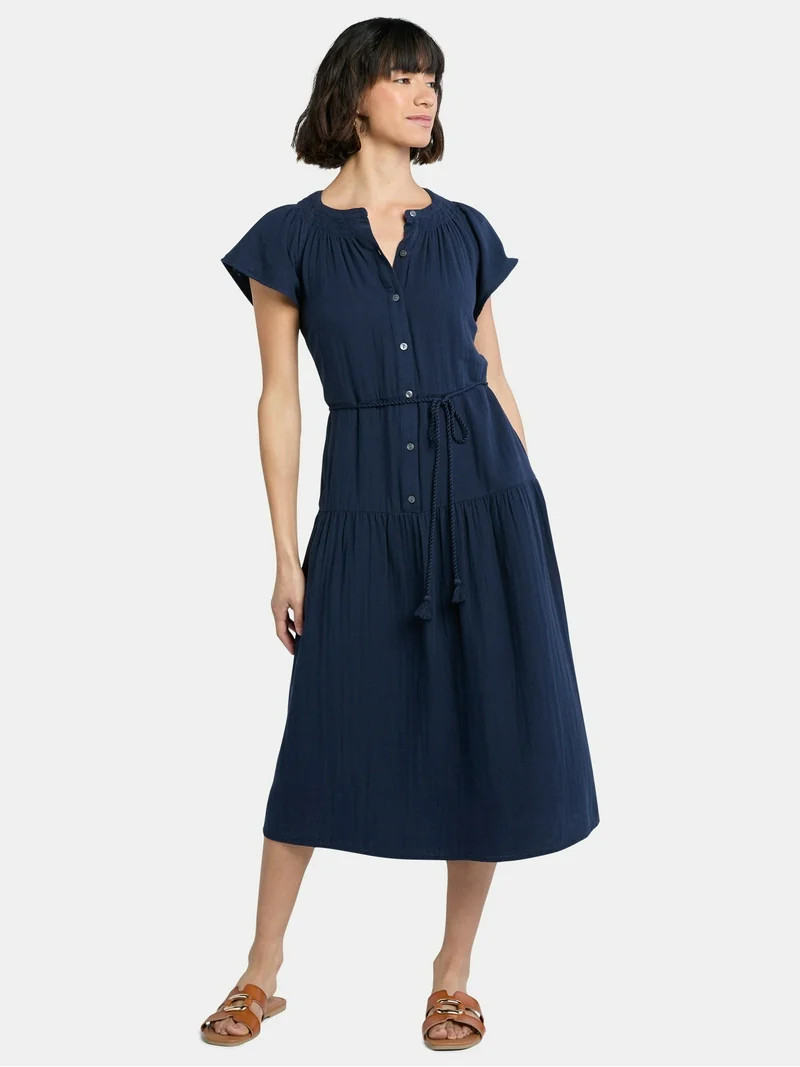 Time and Tru Women's Double Cloth Cotton Midi Dress, Sizes XS-XXXL | Walmart (US)