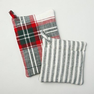 2pc Holiday Plaid &#38; Stripes Potholder Set Red/Green - Hearth &#38; Hand&#8482; with Magnolia | Target