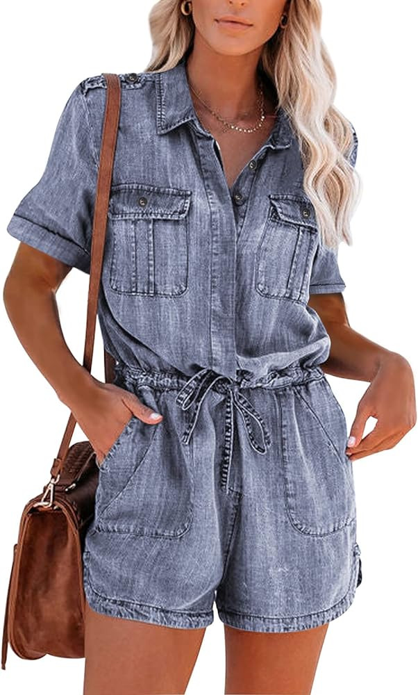 Paintcolors Women's Button Down Pockets Belted Washed Denim Jumpsuits Rompers | Amazon (US)