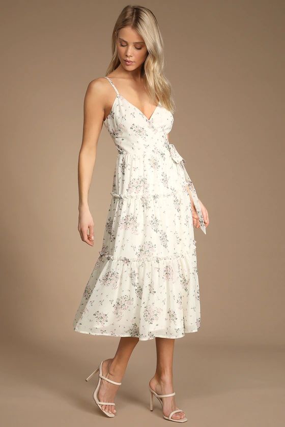 Got the Bloom Ivory Floral Print Tiered Midi Wrap Dress | Lulus (US)