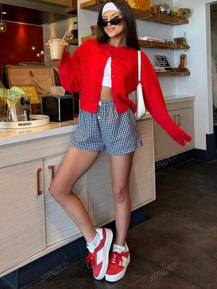 Women's Solid Color Button-Front Long Sleeve Casual Knit Cardigan | SHEIN