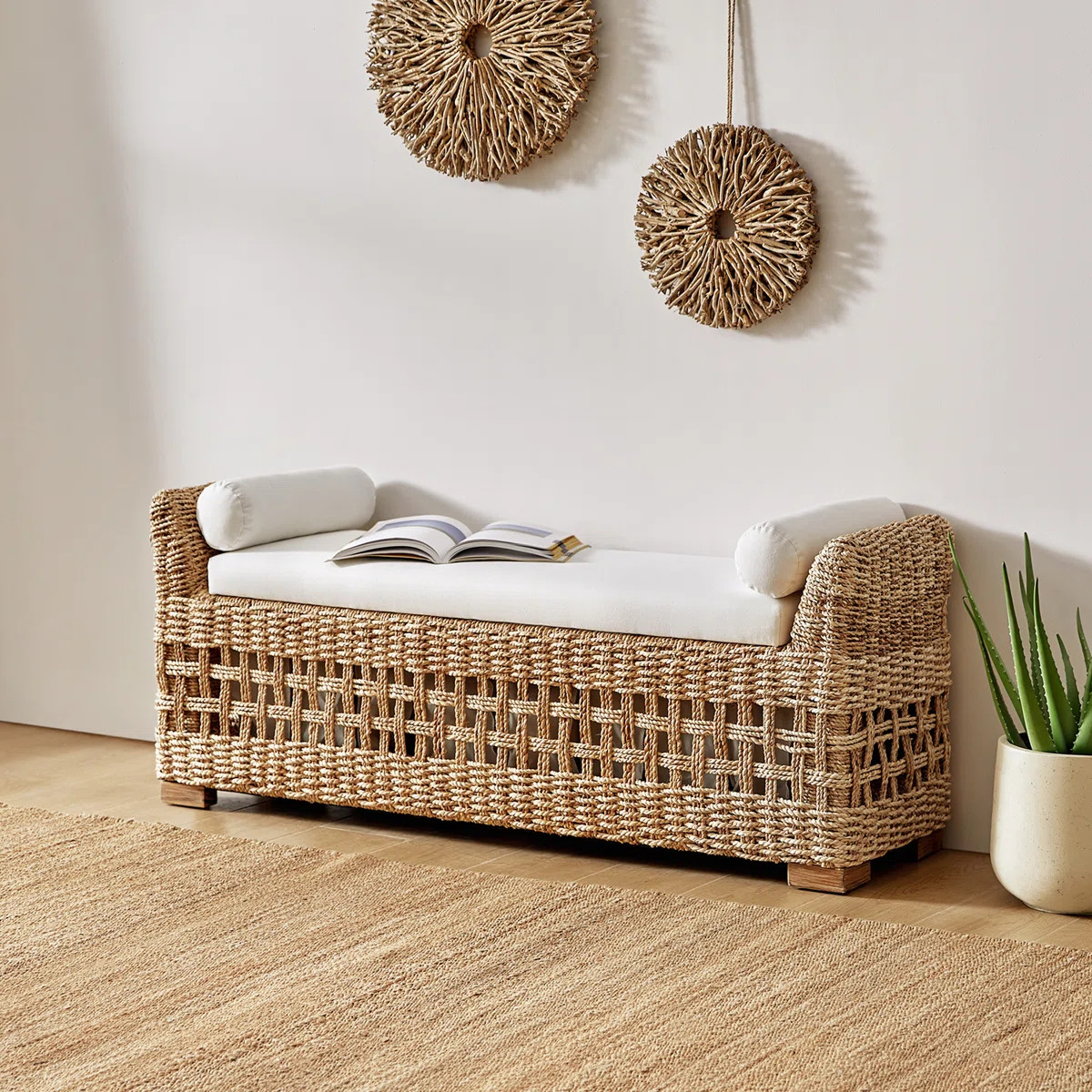 Boatwright 56'' W Flip Compartment Storage Rattan Upholstered Bench with Two Pillows and Solid Wo... | Wayfair North America