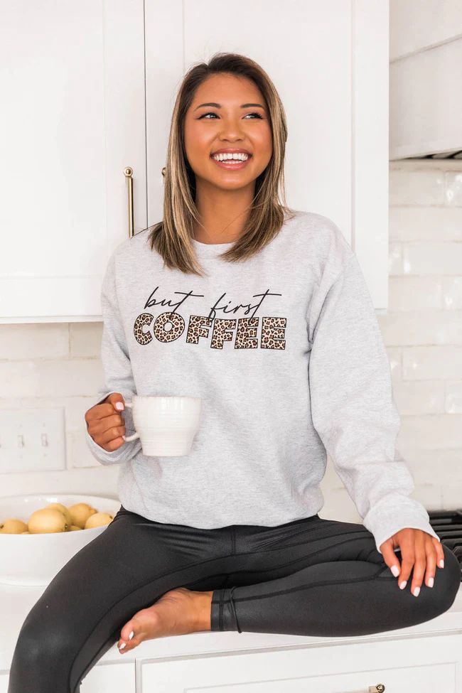 But First Coffee Animal Print Ash Graphic Sweatshirt | The Pink Lily Boutique