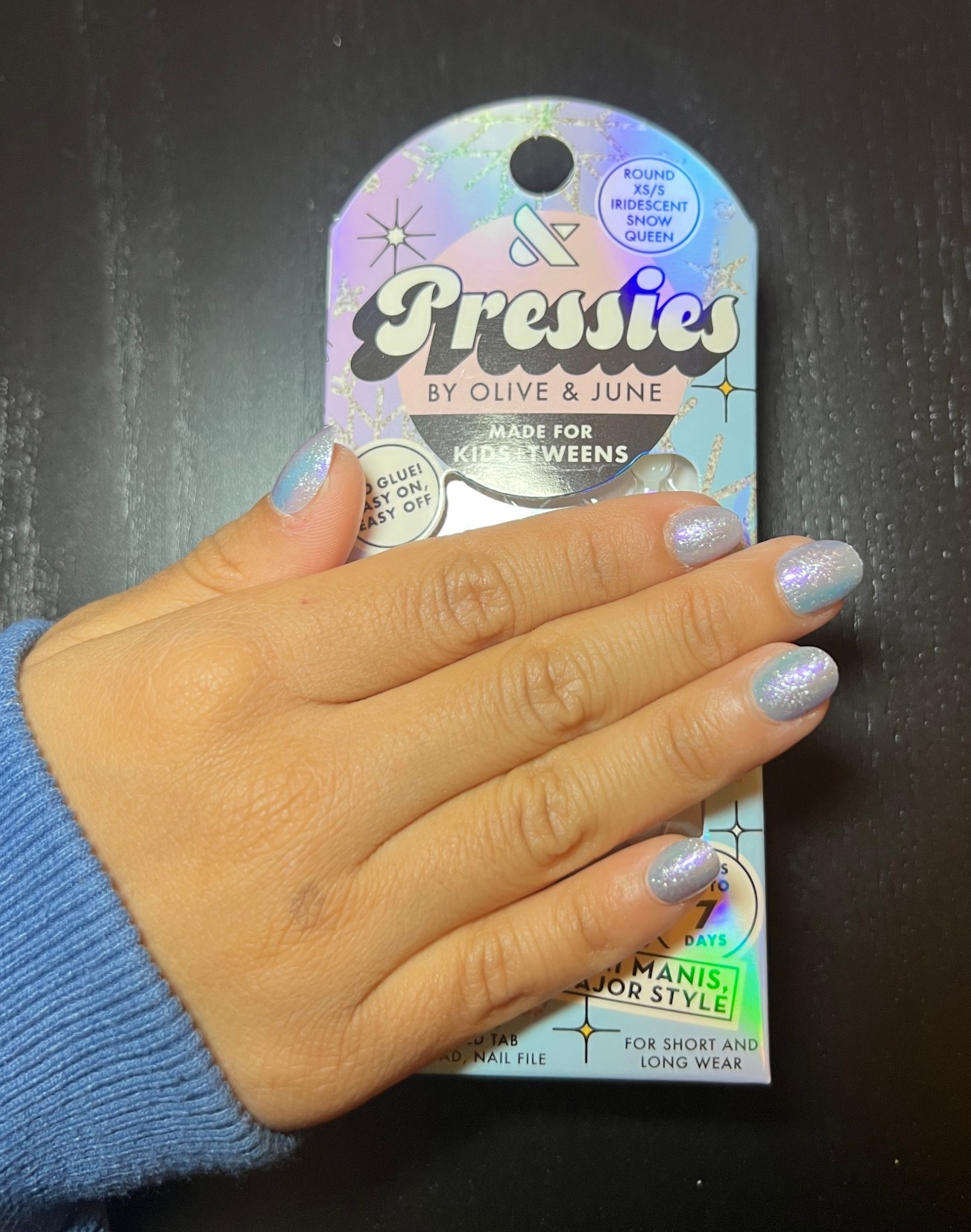 My 6-year-old loves Pressies from @oliveandjune!

These press-ons, specifically sized for kids and tweens, is called “iridescent snow queen” and is XS/S in length. They are so beautiful and sparkly, perfect for the holidays! 😍

These make super fun stocking stuffers - picking up anything from O£J during their cyber sale will be 25% off too! 💅 

Which Pressie design is your (or your little’s) fave? 🤩 

#WeekendManis #oliveandjune press on nails holiday manicure party glittery nail polish

#LTKCyberWeek #LTKBeauty #LTKFindsUnder50