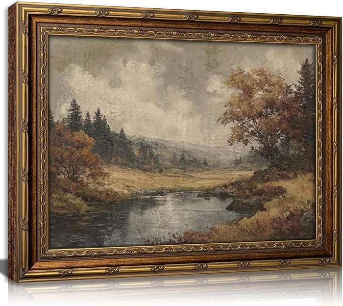 Vintage Gold Framed Moody Landscape Wall art, Cottagecore Fall River Scenery Oil Painting Canvas Print, Autumn Forest Lake Picture, Rustic Farmhouse Poster Artwork for Living Room Bedroom Bathroom | Amazon (US)