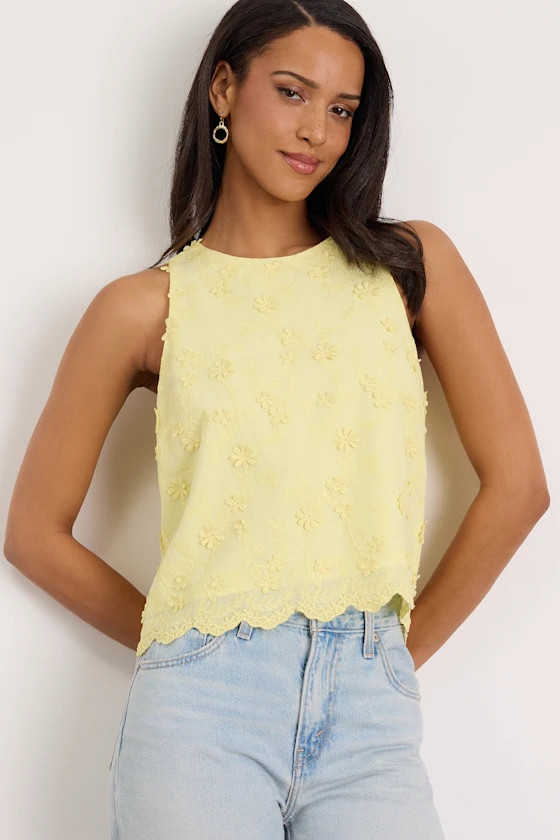 Pleasant Personality Yellow Floral Embroidered Crew Neck Tank | Lulus