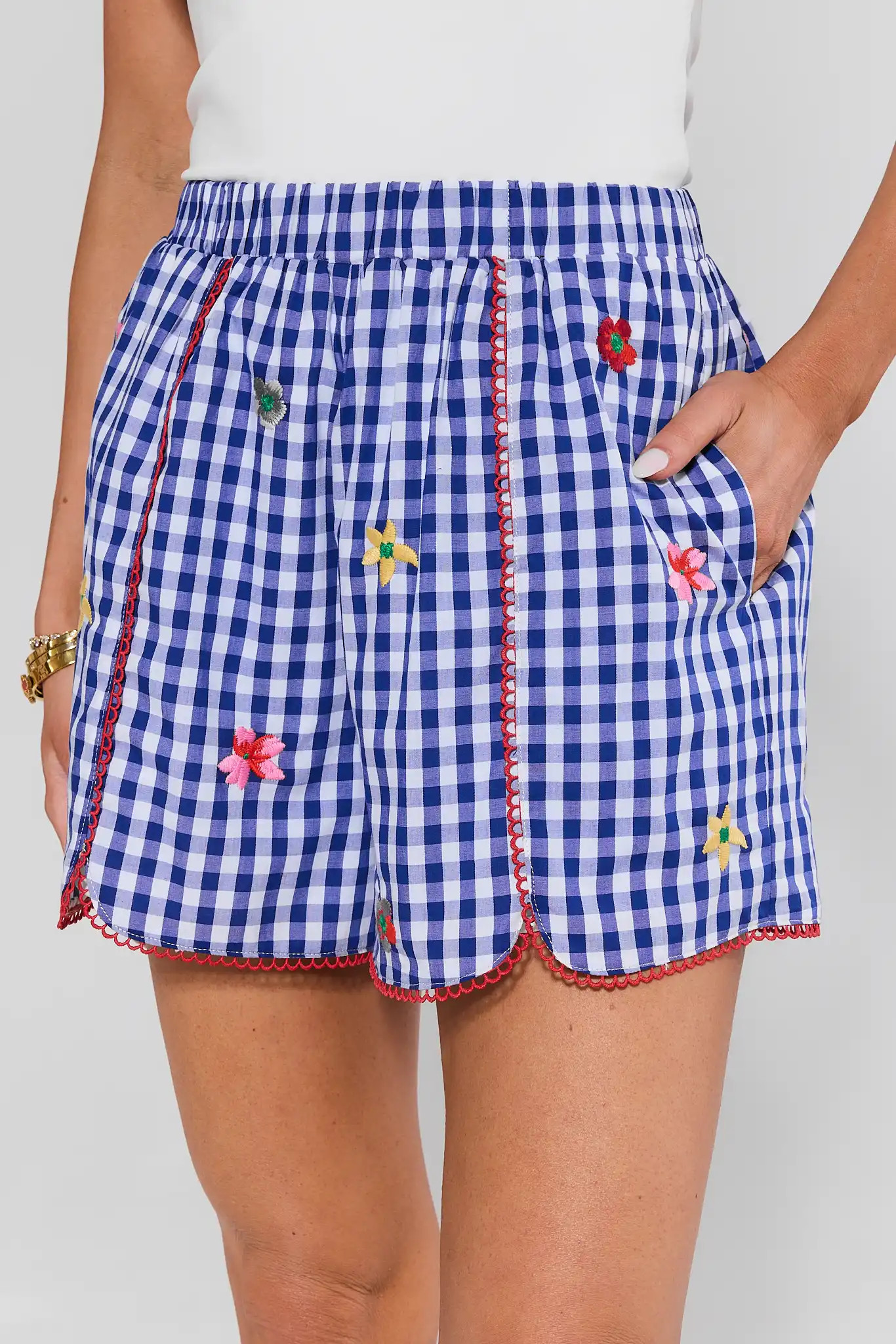 Adela Blue Gingham Embroidered Shorts | Avara