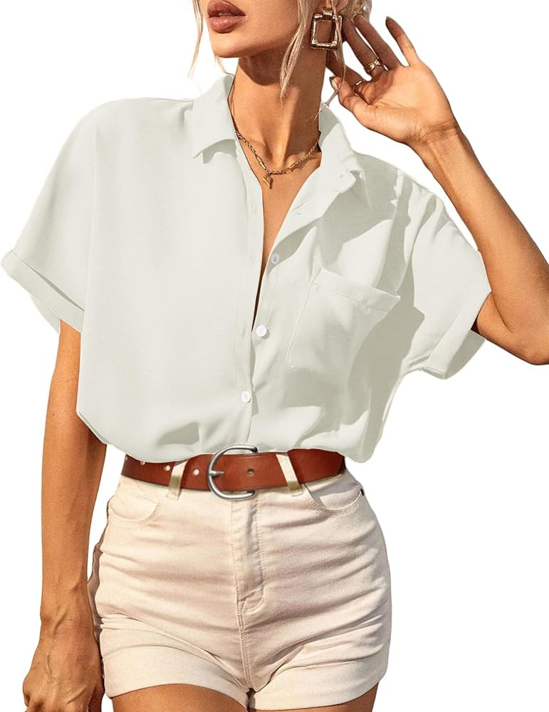 HOTOUCH Womens Button Down Shirts Loose-fit Casual Short Sleeve Blouse V Neck Classic Collared Wo... | Amazon (US)