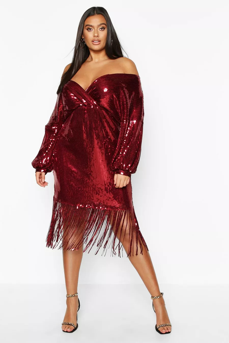 Plus Sequin Off The Shoulder Wrap Midi Dress | Boohoo.com (US & CA)