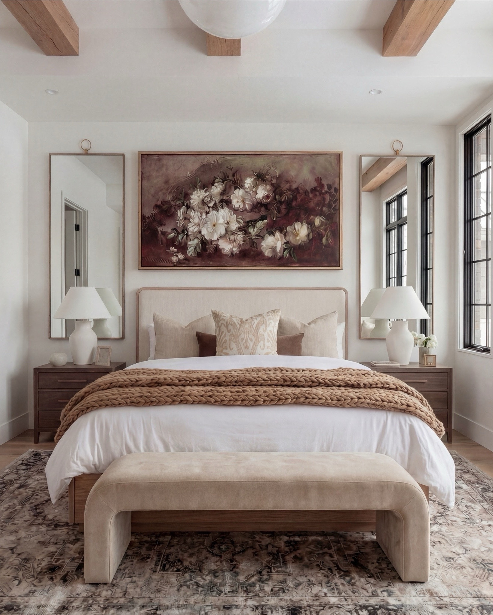 Shop the Look: Bedroom Refresh
• Upholstered bed frame (light neutral fabric)
• White cotton duvet cover + pillow shams
• Neutral patterned area rug
• Chunky knit throw blanket (warm beige)
• Woven knit poufs (foot-of-bed seating)
• Dark wood nightstands with brass pulls
• Sculptural white ceramic table lamps
• White tapered lamp shades
• Brass-framed rectangular mirrors
• Framed floral artwork (warm, moody tones)
• Neutral linen accent pillows
• Ceramic decorative bowl (white sculptural style)
• Small glass vase with white florals
• Dark wood dresser
• Wood upholstered accent chair 
• Brass tray
• Black leaf decor
• Brown wall art

#LTKhome #LTKsale #LTKstyletip