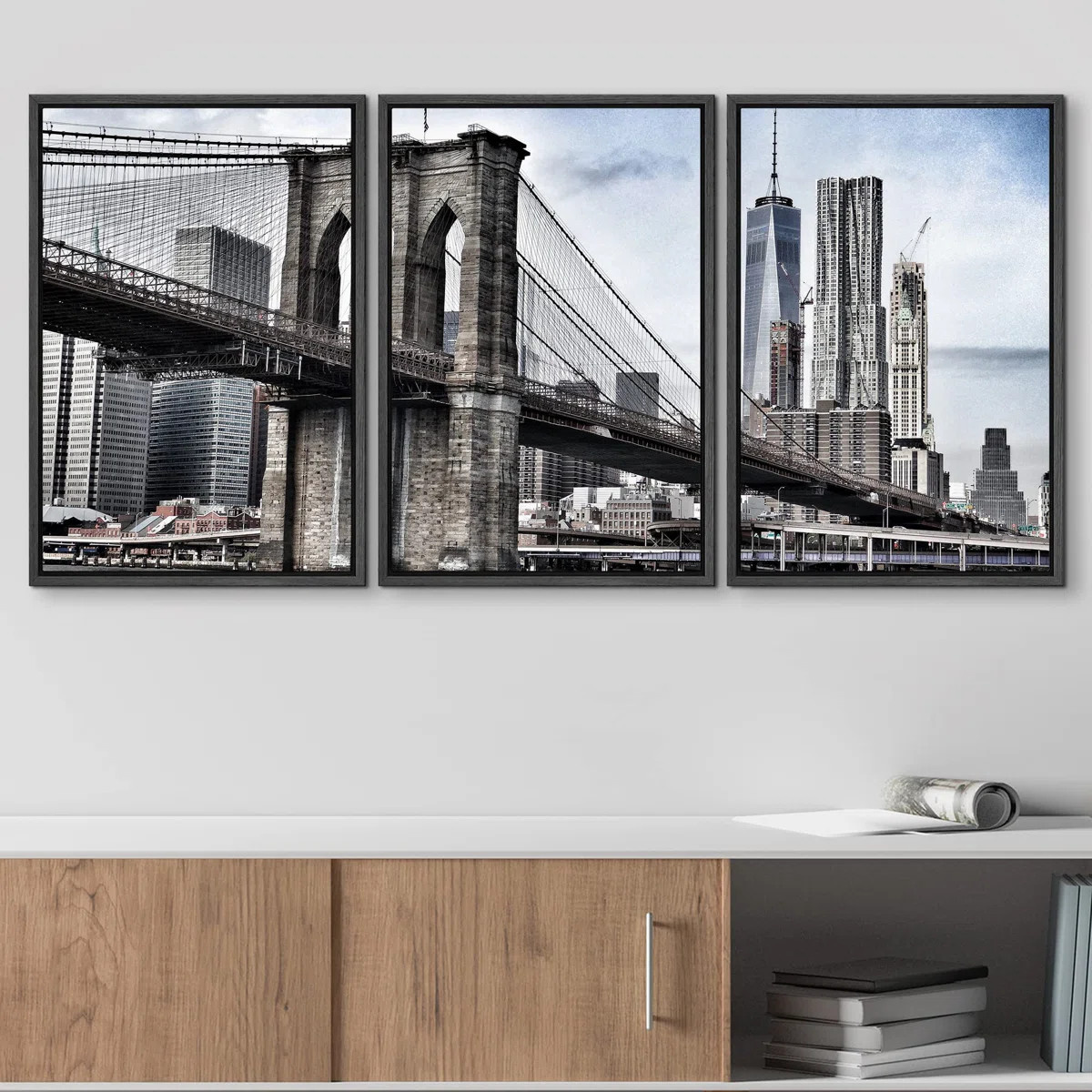 Brooklyn Bridge in Vintage Gray New York City Buildings Modern Contemporary Home Art Framed | Wayfair North America