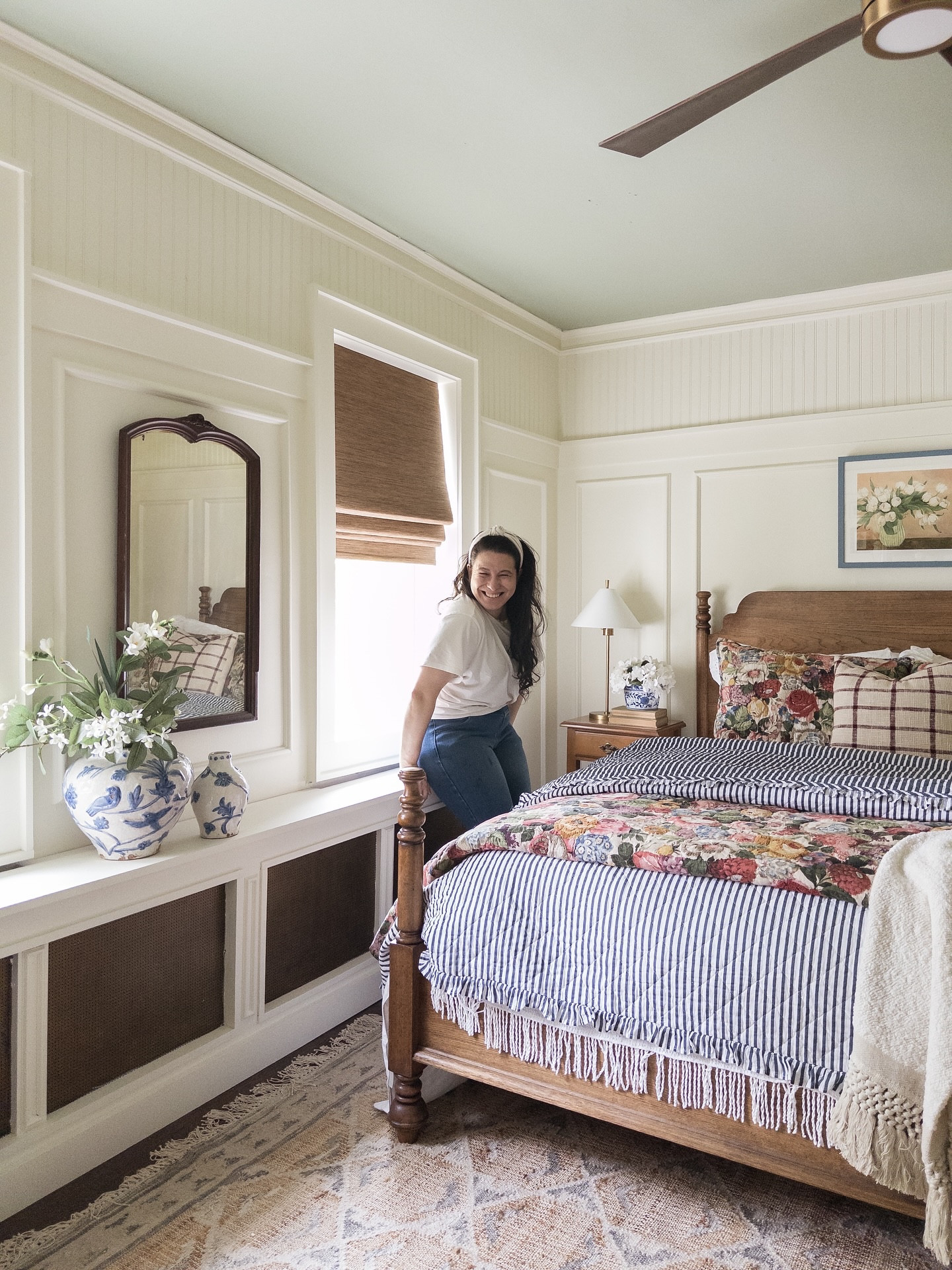 ♥️✨The guest room reveal is finally here!✨♥️
I know it’s taken me a bit (okay, a lot) of time to get this space to where it is but I really wanted it to feel right. And now? It feels like me. Bright, welcoming, a little bit elegant, a lot bit cozy. The colors, the patterns, even the way the light shifts and makes the Clary Sage ceiling go from green to soft blue depending on the time of day it’s kind of magical.

There are still a few pieces I’d love to add (handmade touches, maybe a storage bench or cedar chest at the foot of the bed), but for now, I’m soaking up this cheerful little corner of the house. Hope you love it as much as I do.

@potterybarn pieces help bring the whole room together so beautifully especially that dreamy bed & bedding.

#GuestRoomReveal #ColorLovers #CheerfulInteriors #ClarySage #PotteryBarnStyle #PatternPlay #CozyGuestRoom #IntentionalDesign #MixOfOldAndNew #MyHouseMyStyle #CottageCoreDecor #HomeReveal #InteriorStyling #ColorChangingCeiling #ElegantYetCozy #HandmadeHome #DecorWithSoul #oldhouselove #SlowDecorating #LayeredAndLivedIn #PotteryBarn