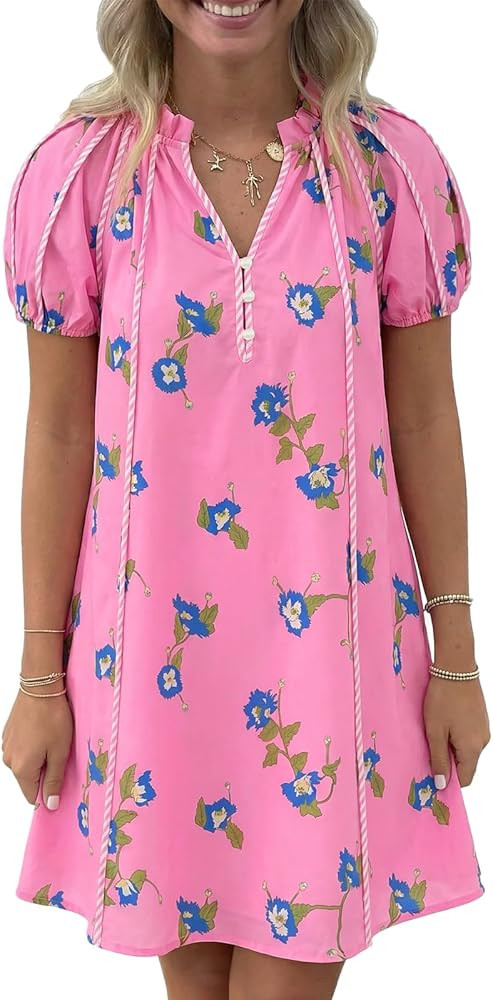 Cicy Bell Womens Summer Puff Sleeve Mini Dresses Floral Print Ruffle Button V Neck Dress Loose Fi... | Amazon (US)