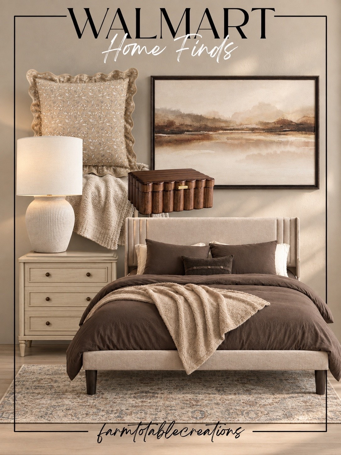Walmart Cozy Neutral Bedroom Finds 🤎

Create a warm, designer-inspired bedroom without the designer price tag! These Walmart finds layer creamy neutrals, rich chocolate brown, soft textures and warm wood tones for a bedroom that feels cozy, elevated and effortlessly pulled together.

Follow @farmtotablecreations on Instagram for more cozy home finds and trending decor.

From the upholstered bed and neutral rug to the chocolate bedding, scalloped wood accent and soft landscape artwork, every piece works together to create that relaxed, high-end look. Perfect inspiration for transitioning your bedroom into the cozier months ahead!

#LTKHome #WalmartHome #WalmartFinds #WalmartHomeFinds #BedroomDecor #CozyBedroom #NeutralBedroom #BrownBedroom #BedroomInspo #AffordableHomeDecor #DesignerInspired #CozyHome #NeutralDecor #HomeRefresh #LTKFinds

#LTKHome #LTKSaleAlert