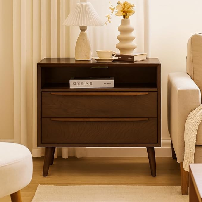 HULALA HOME End Table with Charging Station, Mid-Century Modern 2 Drawer and Open Shelf, Fluted E... | Amazon (US)