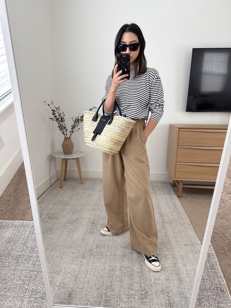 Madewell Harlow trousers. Great comfy casual trouser style. Run big and slightly long. Work with a small heel and my coat verse high tops. 
Neutral outfit ideas. 

AYR tee xs
Madewell Harlow pants 00
Converse sneakers 5
Paris 64 tote 
YSL sunglasses  

#LTKshoecrush #LTKitbag #LTKSeasonal