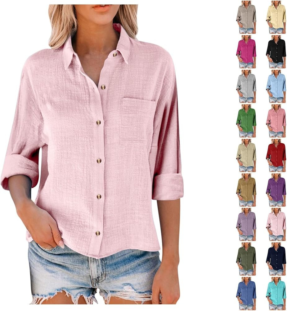 Button Down Linen Shirts for Women 2025 Summer Boho Tops Plus Size Linen Fall Clothes Gauze Loose... | Amazon (US)