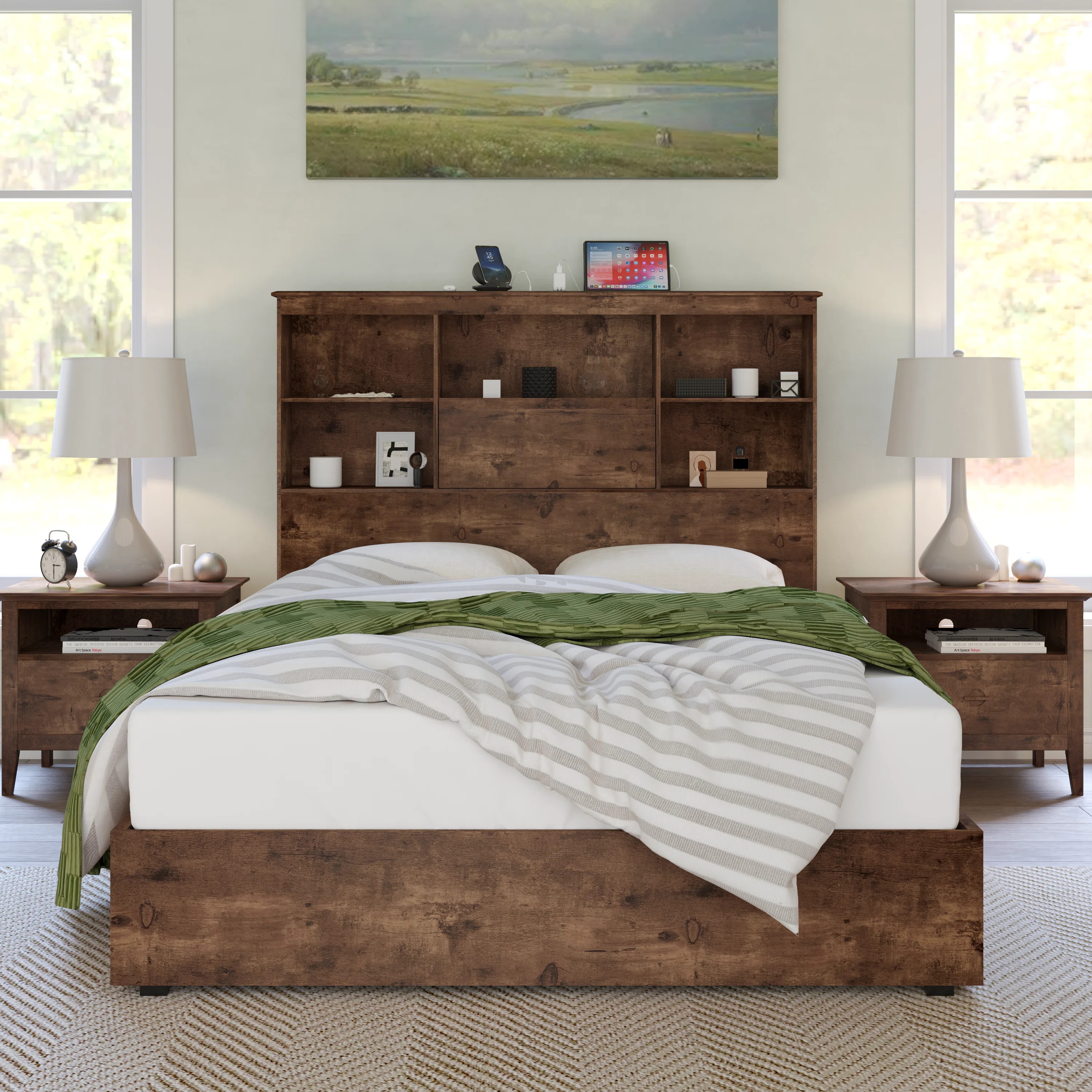 Bilal 51.2" Queen Size Bed Frame with Storage LED Bookcase Headboard&4 Storage Drawers,Brown | Wayfair North America
