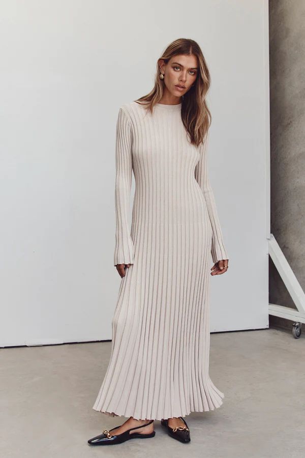 ADA STONE LONG SLEEVE MIDI DRESS | DISSH