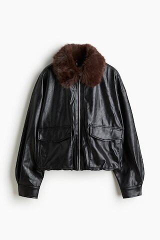 H & M - Jacket with Fluffy Collar - Black/Brown | H&M (US + CA)