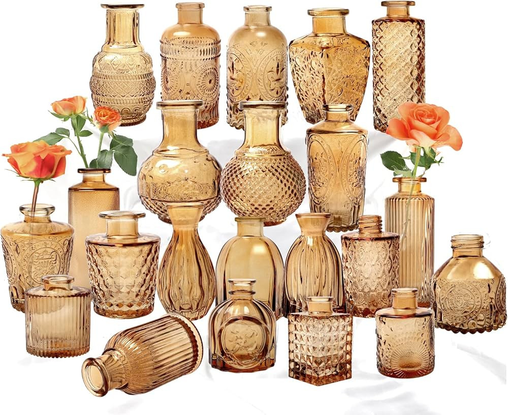 Set of 22 Amber Glass Mini Bud Vase For Bulk Rustic Wedding Decorations, Centerpieces, Vintage Lo... | Amazon (US)