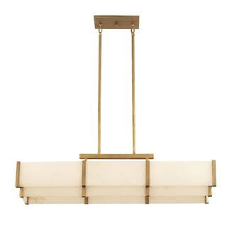 Orleans 5-Light Distressed Gold Mid-Century Modern Linear Chandelier with Natural Alabaster Panes | The Home Depot