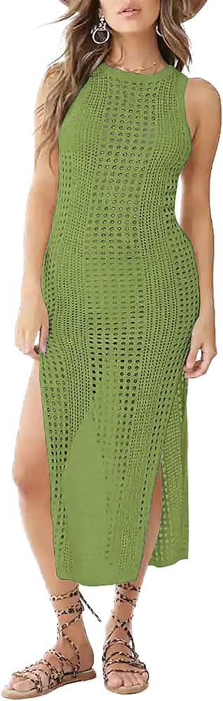 Bsubseach Crochet Cover Ups for Women Hollow Out Sleeveless Bikini Swimsuit Swimwear Side Split L... | Amazon (US)