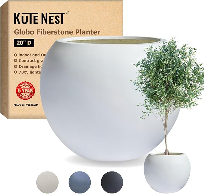 20" D Fiberstone Large Globo Planter, White, 13.5" Pot Opening, Sphere Planter Drainage Pots, Lig... | Amazon (US)