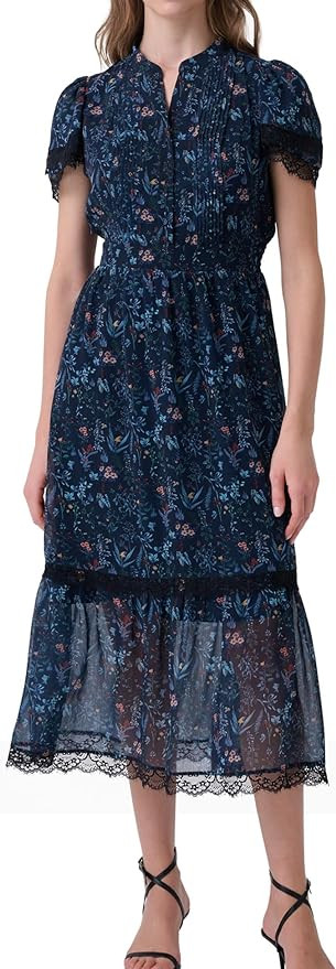Women's Summer Floral Midi Dress Button Down V Neck Short Sleeve Lace Flowy Wedding Guest Dresses... | Amazon (US)