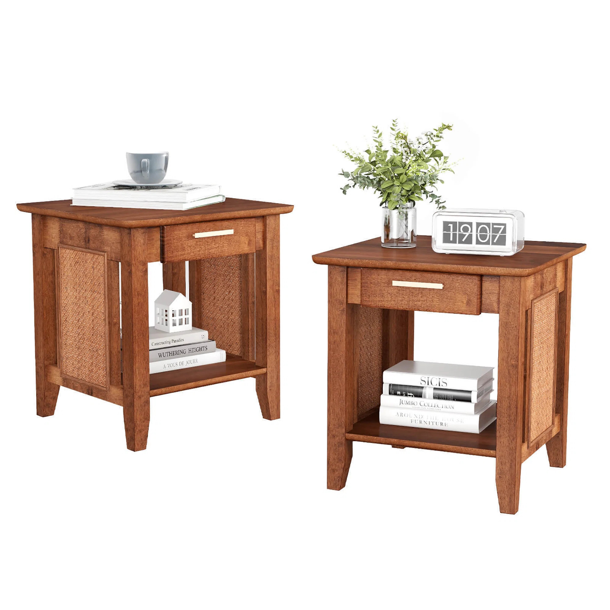 Red Barrel Studio Boho Style Nightstand 3-tier Sofa Side End Table W/ Drawer & Shelf Walnut | Wayfair North America