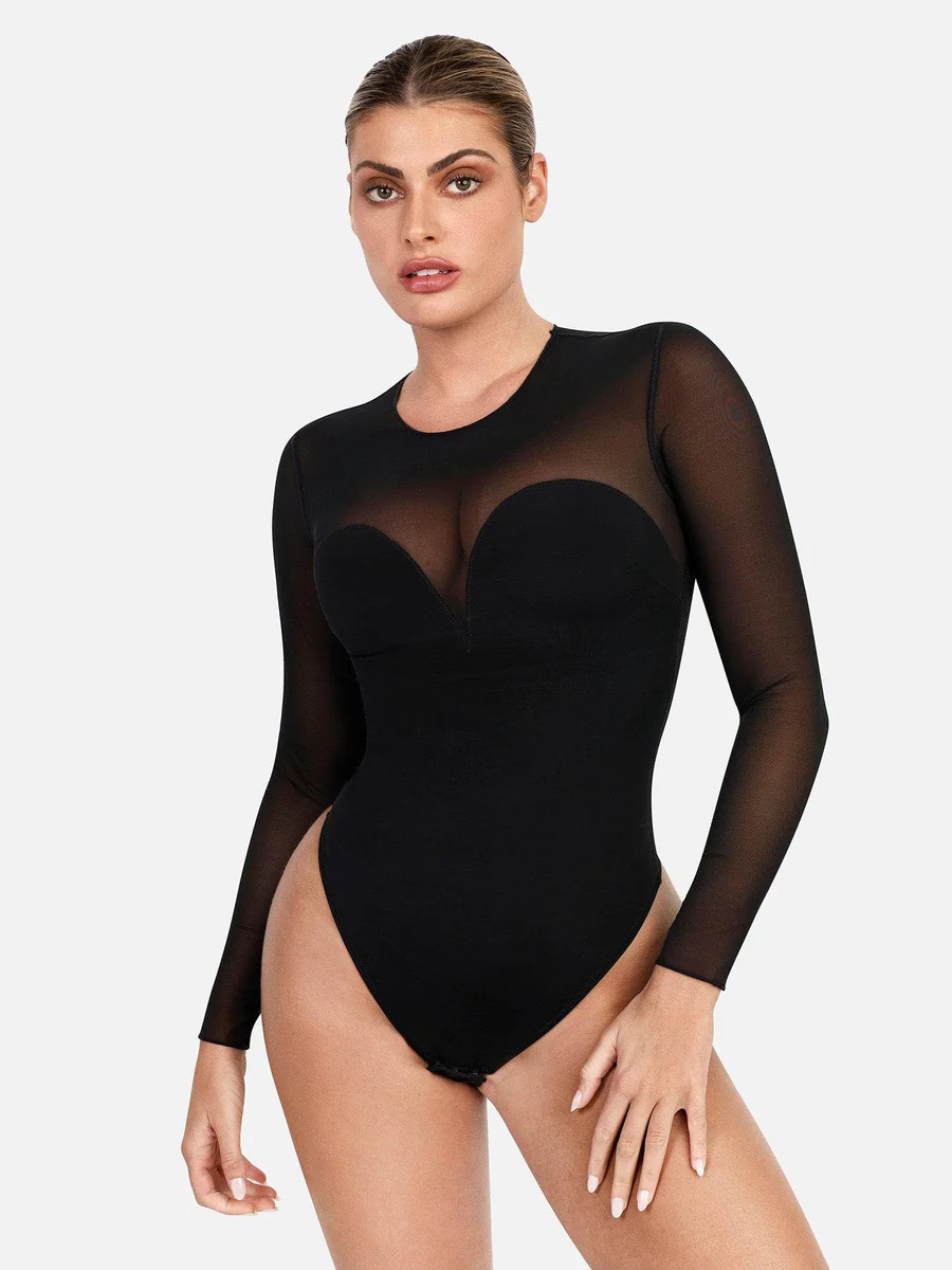 Sheer Mesh Shapewear Long Sleeve Thong Bodysuit | Popilush | Popilush