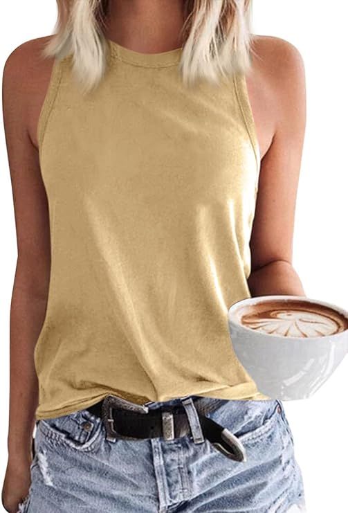 Langwyqu Womens Crewneck Sleeveless Tank Tops Summer Casual Loose Fit Basic Shirts | Amazon (US)